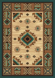 an area rug with native style design on the front and back sides, in brown, green