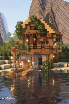 Aesthetic Minecraft Village Houses, Cobblestone Cottage Minecraft, Beachside House Minecraft, Minecraft Beachside House, Waterfront House Minecraft, Aesthetic Minecraft Cabin, Cute Cabin Minecraft, Minecraft Large Staircase, Minecraft Cabin Aesthetic