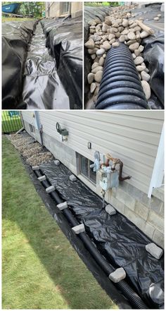 several pictures of the outside of a house with rocks and water coming out of it