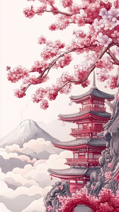 A traditional red Japanese tower stands tall on a mountainside, a branch of delicate cherry blossoms framing the scene. This serene illustration captures the beauty and tranquility of springtime in Japan. Cherry Blossom Tree Illustration, Cherry Tree Illustration, Japan Sakura Cherry Blossoms, Japanese Scenery Art, Japanese Buildings Traditional, Blossom Tree Drawing, Japanese Tattoo Art Traditional, Tokyo Japan Aesthetic