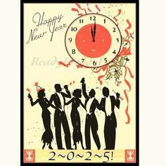 a happy new year card with silhouettes of women dancing and a clock in the background