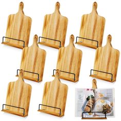 six wooden cutting boards with black metal handles and clips on each side, set of 6