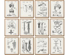 twelve drawings of various machines and parts