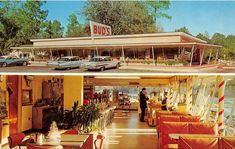 two pictures of the inside and outside of a building with cars parked in front of it