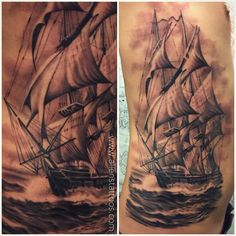 a man's arm with a ship on it and another image of an ocean