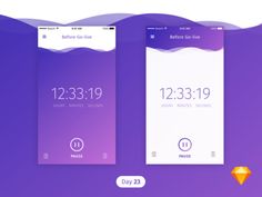 three screens showing different time zones on the same screen, one is purple and one is white