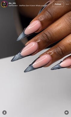 Jade Almond Acrylic Nails, French Tip Art Designs, Cute Long Almond Nails, Creative Nail Designs Unique, Long Almond Nail Ideas, Round Stiletto Nails, Grey And Black Nails, White Gel Polish, Wife Nails