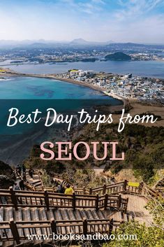 an aerial view of the beach and ocean with text overlay that reads best day trips from seoul