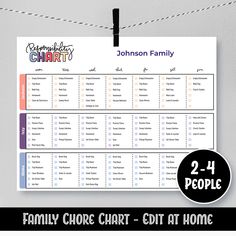 the family chore chart is hanging on a clothes line