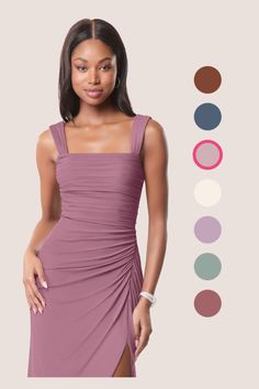 a woman in a purple dress with different colors