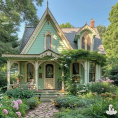 a green house surrounded by flowers and greenery in the front yard, with a stone pathway leading to it