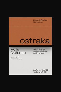 two business cards with the words ostraka on them in black and orange colors