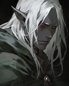 the white haired man with long hair and red eyes is staring at something in front of him