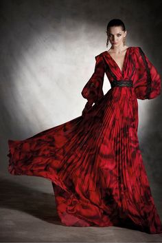 HerTrove - Puff sleeves printed pleated dress Evening Style, Tango Dress, Red Evening Dress, Spring Couture, Georgette Dress, Pleated Bodice, A Line Gown, Evening Party Dress, Red Carpet Looks