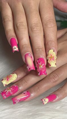 pink and yellow summer nails  #nails #nailinspo #summernails #nailsofinstagram Yellow Summer Nails, Diy Acrylic Nails, Long Square Acrylic Nails, Bling Acrylic Nails, Yellow Nails