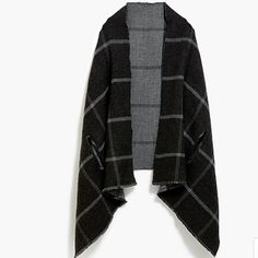 This Black And Gray Plaid Combo Is A Reversible Cape Jacket Scarf By J Crew Is Super Soft And Very Versatile. Brand New In Package Plaid Outerwear For Winter Layering, Winter Plaid Outerwear For Layering, Cape Wrap, Cape Scarf, Leopard Scarf, Plaid Blanket Scarf, Wool Cape, Cozy Scarf, Plaid Blanket