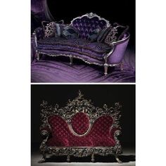 an ornate couch with purple velvet upholstered on top and red velvet down the middle