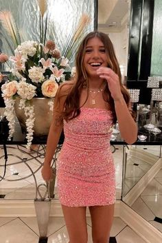 Homecoming Dress Tight, 8th Grade Dance, Sequin Homecoming Dress, Prom Dresses Long Pink, Mini Homecoming Dresses, Mini Party Dress, Cute Homecoming Dresses, Spaghetti Strap Prom Dress