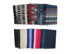 several pairs of socks with different patterns and colors are shown in the same row on a white background