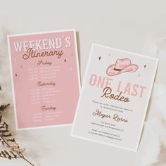 a pink and white one last rodeo themed wedding stationery with a cowboy hat on it