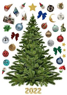 a green christmas tree surrounded by ornaments and baubles on a white background with the year 2012 written below it