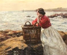 a painting of a woman holding a basket by the ocean