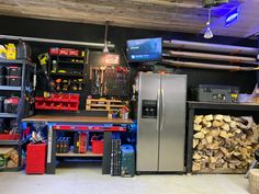 a garage with lots of tools and equipment