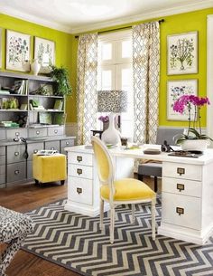 a home office with yellow and gray decor