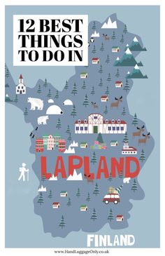 the map of lapland with trees, mountains and houses on it in blue tones