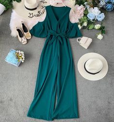 V-Neck Cold Shoulder Flare Sleeve Lace-Up Bow Long Jumpsuit



















Size

Bust(cm)

Waist(cm)

Sleeve(cm)

Length(cm)





One Size
84-96
56-86
40
120




1. Please strictly follow the size chart to select the size. Do not select directly according to your habits.
2. The size may have 2-3cm differs due to manual measurement. Please note when you measure.
3. Still not sure about size? We'd love to advise based on your measurements of bust, waist and hip.
4. Suggestion of cold water han Chic Green V-neck Jumpsuit, Casual V-neck Jumpsuits And Rompers For Party, Trendy Green Solid Color Jumpsuits And Rompers, Womens Summer Jumpsuits, Commuter Style, Bandage Jumpsuits, Belt Wide, Off Shoulder Jumpsuit, Bow Belt