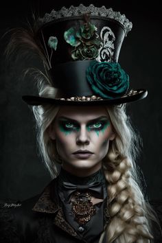 a woman with green makeup wearing a black top hat and feathered headdress