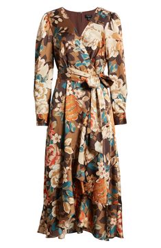 An autumnal floral pattern lends personality to a faux-wrap dress designed with graceful cascading ruffles. 49 1/2" length Hidden back zip with hook-and-eye closure Surplice V-neck Long sleeves Removable tie belt Lined 97% polyester, 3% spandex Dry clean Imported Chic Floral Print Wrap Dress For Fall, Elegant Floral Dress For Fall Garden Party, Elegant Floral Print Wrap Dress For Garden Party, Elegant Fall Floral Print Dress, Fall Floral Print V-neck Wrap Dress, Fall Floral V-neck Wrap Dress, Floral Print Midi Wrap Dress For Work, Chic Floral Print Wrap Dress For Work, Workwear Floral Print Midi Wrap Dress