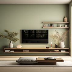 a living room scene with focus on the entertainment center and wall mounted flat screen tv