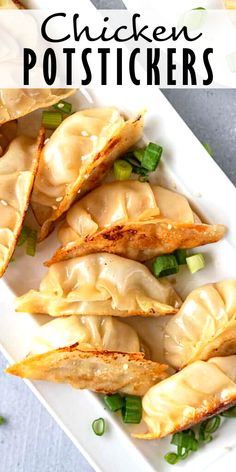 chicken potstickers on a white plate with green onions