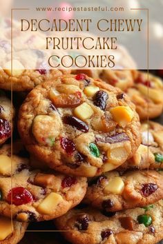 a pile of cookies sitting on top of each other with the words decadent chewy fruitcake cookies