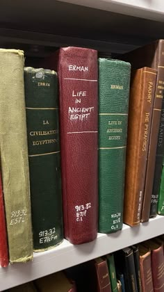 a row of books sitting on top of a white book shelf next to each other