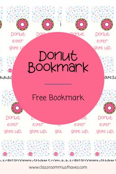 a pink circle with donuts on it and the words free bookmark