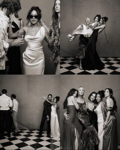 black and white photos of women in dresses posing for the camera with one woman holding her head