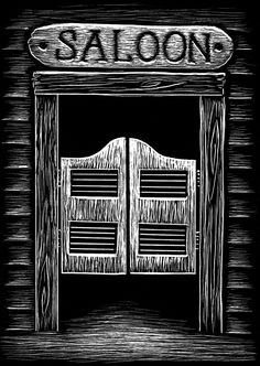 a black and white drawing of a saloon door with the word saloon written on it