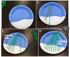 four pictures showing how to make a paper plate snow scene with green string and glue