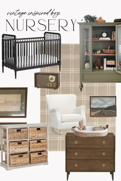 a baby's nursery with furniture and decor