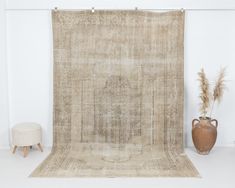 an antique rug is displayed in front of a white wall with a potted plant