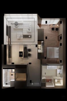 an overhead view of a bedroom, bathroom and living room in a small apartment at night