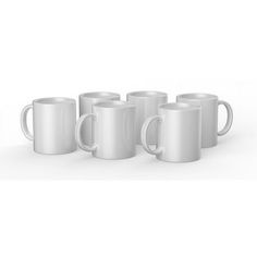 six white coffee mugs lined up in a row on a white background with one empty