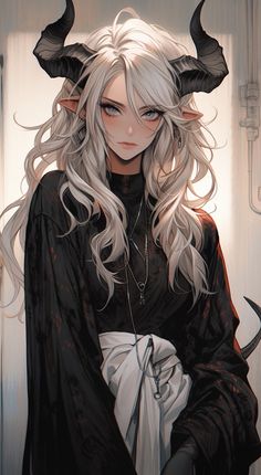 an anime character with long white hair and horns on her head, dressed in black