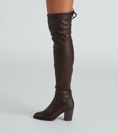 Made for stylish strutting down the street. you'll adore these faux leather over-the-knee boots featuring an almond toe. a stacked block heel. a side zipper closure. and a high shaft. Complete the look in a trendy sweater dress for a day in the city!Fit & Features Almond toe Stacked block heel Side zipper closure High shaft. over the knee Faux leather material Runs true to size Knee-high Polyurethane Boots For Fall, Fall Wide Calf Polyurethane Knee-high Boots, Fall Wide Calf Polyurethane Heeled Boots, Trendy Knee-high Boots With Zipper For Fall, Fall Block Heel Boots In Polyurethane, Polyurethane Block Heel Boots For Fall, Fall Polyurethane Boots With Block Heel, Trendy Synthetic Knee-high Boots For Fall, Fall Synthetic Knee-high Boots