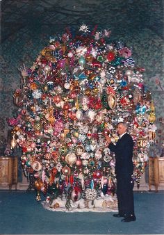 a man standing in front of a christmas tree with many ornaments on the wall behind him