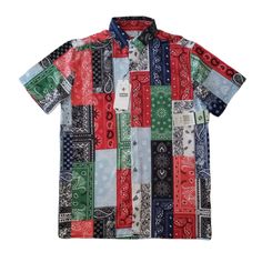 Short Sleeve Handkerchief Bandana Print Top Material: 90% Polyester, 10% Spandex Length: 28.5 In Width Flatlay: 20.5 In Casual Multicolor Print Shirt With Patchwork, Casual Multicolor Patchwork Print Shirt, Summer Bandana Print Short Sleeve Tops, Summer Short Sleeve Tops With Bandana Print, Casual Patchwork Patterned Shirt, Red Cotton Tops With Colorful Pattern, Cotton Tops With Mixed Print, Casual Multicolor Print Patchwork Tops, Trendy Cotton Bandana Print Tops