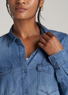 About Our Long Women's Denim Shirt This long women's denim shirt is a wardrobe must-have. This tall button-shirt offers the perfect blend of casual and chic that you can dress up or down depending on the occasion. We know how hard it is to find shirts for tall women, which is why we designed this shirt for tall ladies between 5'9” and 6'6” with extra-long sleeves and a curved sweep hem. It has a point collar, Western button closures on the double patch pockets and cuffs for added detail. We care Relaxed Fit Light Wash Denim Top, Light Wash Denim Top For Everyday, Trendy Denim Top For Everyday, Chambray Denim Top For Fall, Everyday Spring Denim Top, Light Wash Tops With Pockets, Denim Blue Chambray Dress, Casual Chambray Denim Dress, Washed Blue Denim Top With Button Closure