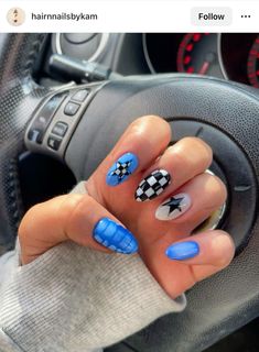 Moto Nails Design, Super Fun Nails, Rock Concert Nails Ideas, Truck Nails Designs, Car Theme Nails, Bike Week Nails, 90s Grunge Nails, Monster Jam Nails, Western Nail Inspo Almond